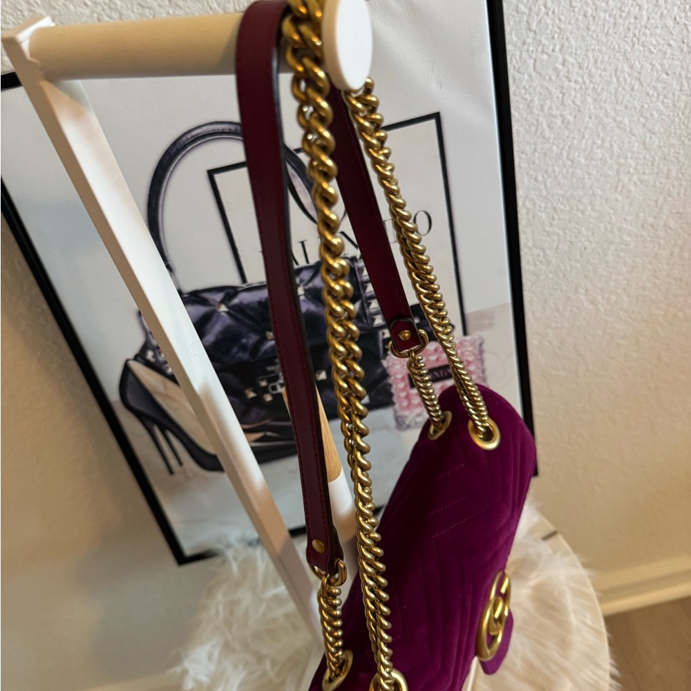 Gucci Purple Velvet GG Marmont Chain Crossbody Bag - Picture 11 of 12